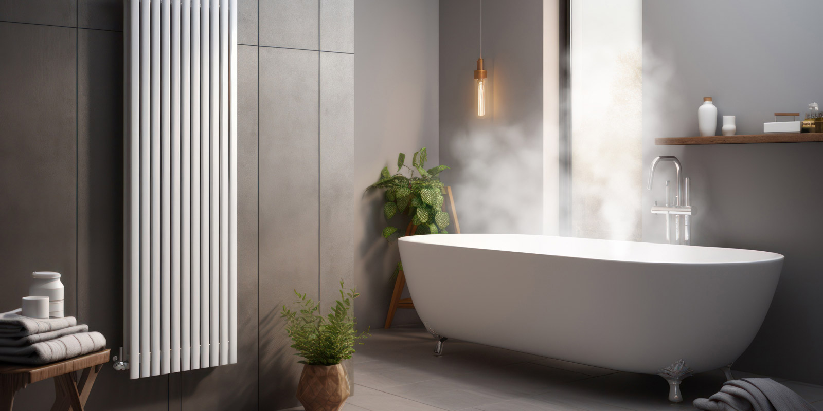 L’unité intérieure R290 est installée sur la gauche de la salle de bain résidentielle et de la vapeur sort du bain blanc sur la droite.