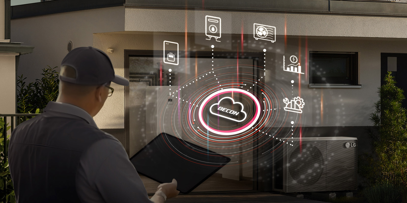 Un smartphone montre l’application LG ThinQ est posé sur la gauche, connecté à un monobloc LG et un modem Wi-Fi sur la droite, via une ligne à pointillés.
