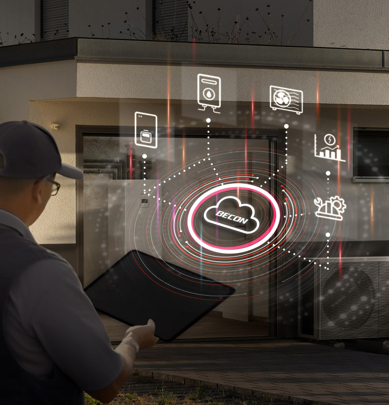Un smartphone montre l’application LG ThinQ est posé sur la gauche, connecté à un monobloc LG et un modem Wi-Fi sur la droite, via une ligne à pointillés.