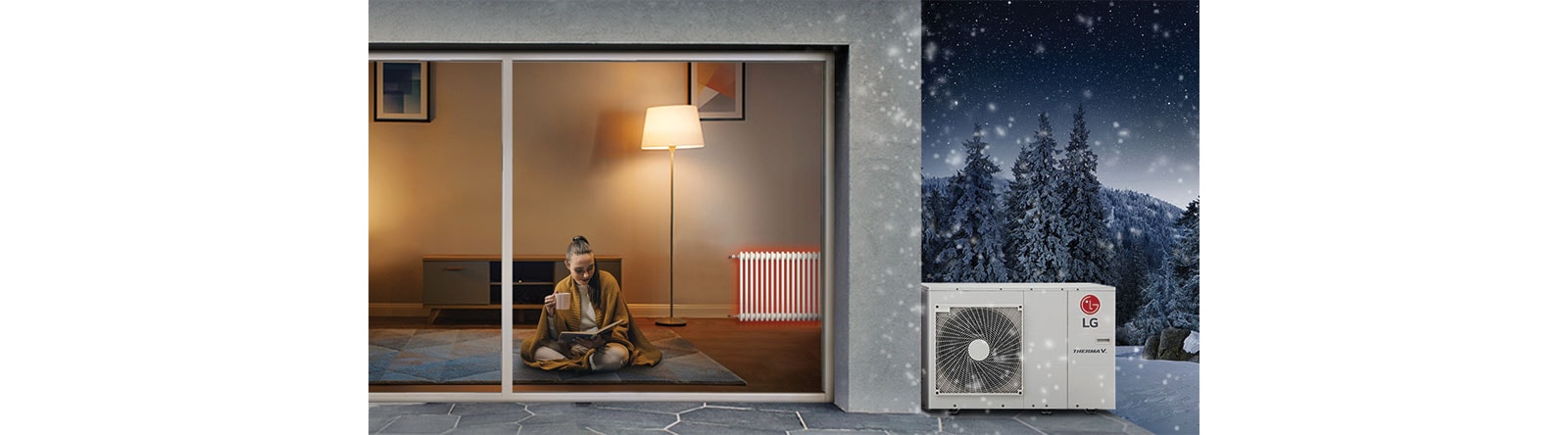 Woman in the house with heat pump