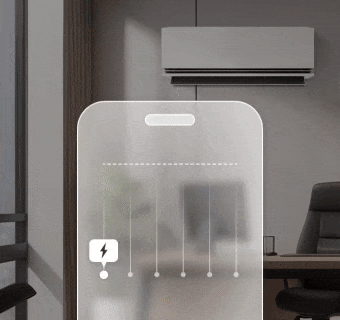 Animation montrant la fonction kW Manager d’un climatiseur LG sur un smartphone pour une économie d’énergie proactive.