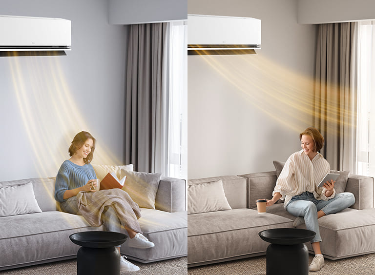 Une femme apprécie le Chauffage AI d’un climatiseur LG qui diffuse un flux d’air chaud personnalisé pour assurer son confort.