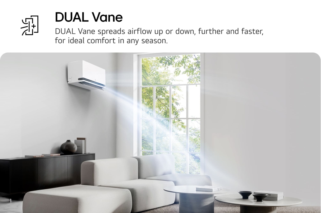 LG Climatiseur 2.5HP DUALCOOL AI Air Premium Single Split, Climatiseur à Dual Vane LG présenté dans un salon. L’air frais s’écoule vers le haut à gauche. Le texte d’accompagnement indique : Offrant un confort optimal en toutes saisons, les DUAL Vane diffusent, S4-Q24121S0, thumbnail 4