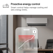 LG Climatiseur 2.0 HP DUALCOOL AI Air Premium Single Split, Climatiseur LG avec fonction contrôle d’énergie proactive. Un smartphone affiche un graphique énergétique avec une alerte rouge, gérant le refroidissement et les limites. Texte : 'Contrôle d’énergie p, S4-Q181L1S0, thumbnail 5