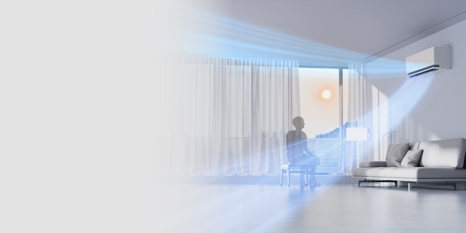 Le climatiseur LG dans un salon utilise un capteur radar pour ajuster la direction du flux d’air en fonction de la température de la pièce.