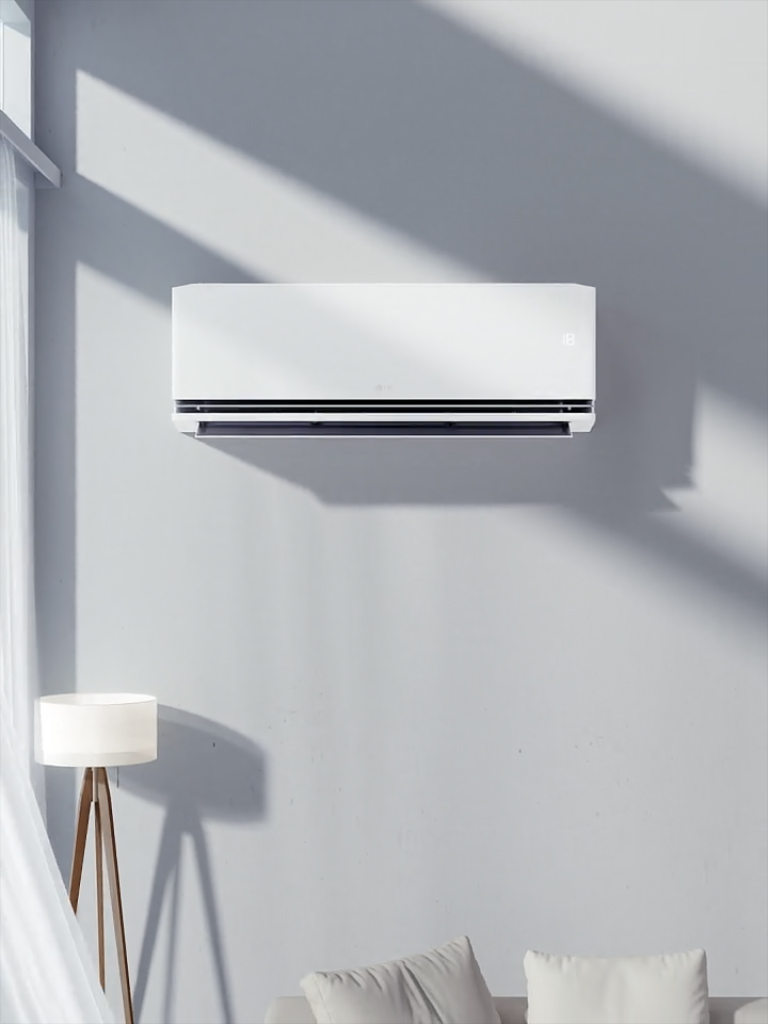 Climatiseur LG à fixation murale avec panoramique vidéo pour mettre en valeur son design élégant et son affichage de la température à 18 °C.