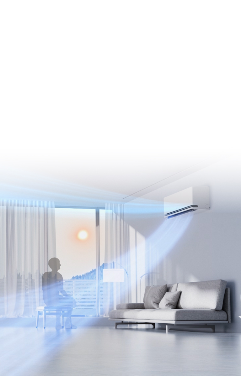 Le climatiseur LG dans un salon utilise un capteur radar pour ajuster la direction du flux d’air en fonction de la température de la pièce.