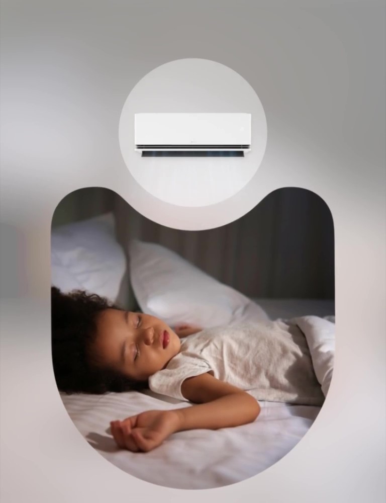 Les personnes dorment paisiblement avec le climatiseur LG doté d’un minuteur de sommeil plus pour un refroidissement personnalisé pendant la nuit.