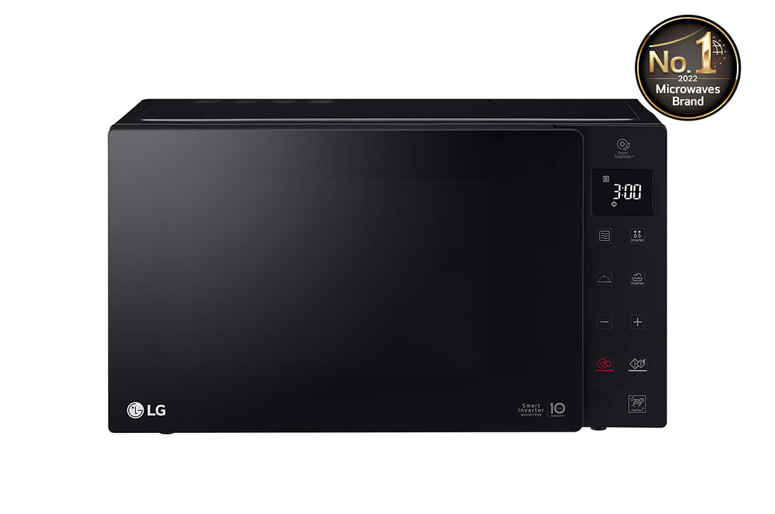 LG Four à micro-ondes de 25 litres, Noir, technologie Smart Inverter avec 10 ans de garantie, gril, cuisson automatique intelligente, écran tactile en verre, Dual Control, éclairage LED, FRONT VIEW, MS2535GIS