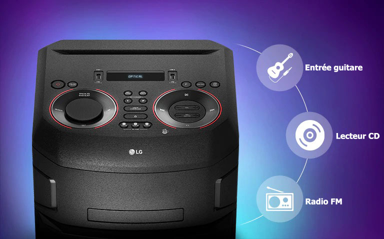 Gros plan du dessus de l’enceinte LG XBOOM autour de laquelle sont affichées les icônes de connectivité.