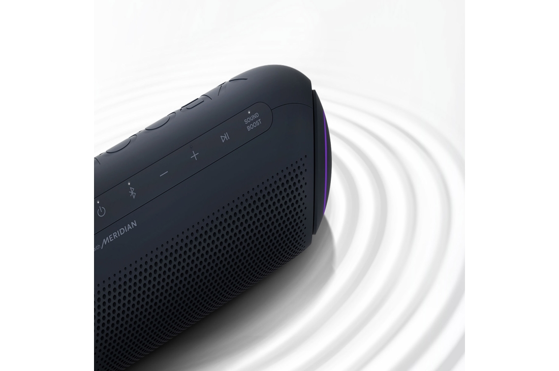 LG XBOOMGo PL5, On a white background, LG XBOOM Go faces the upper right with purple lighting, there is a ripple effect under the product., PL5, thumbnail 3