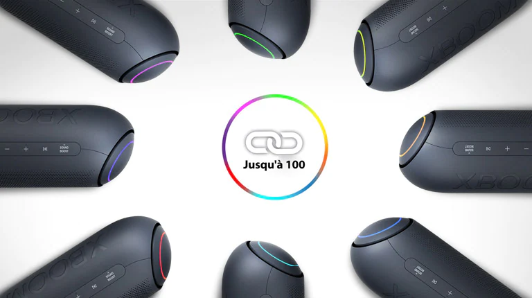 Sur un fond blanc, huit LG XBOOM Go avec différentes lumières sont placés dans un cercle autour d'une symbole de lien.