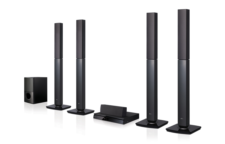 LG SYSTÈME HOME CINÉMA DOTÉ D’UNE PUISSANCE DE SORTIE DE 1000 W, DE 5,1 CANAUX, DE HAUT-PARLEURS JERSEY, DE 4 TALLBOY ET D’UN CAISSON DE BASSES FRONT FIRING, LHD655-FB