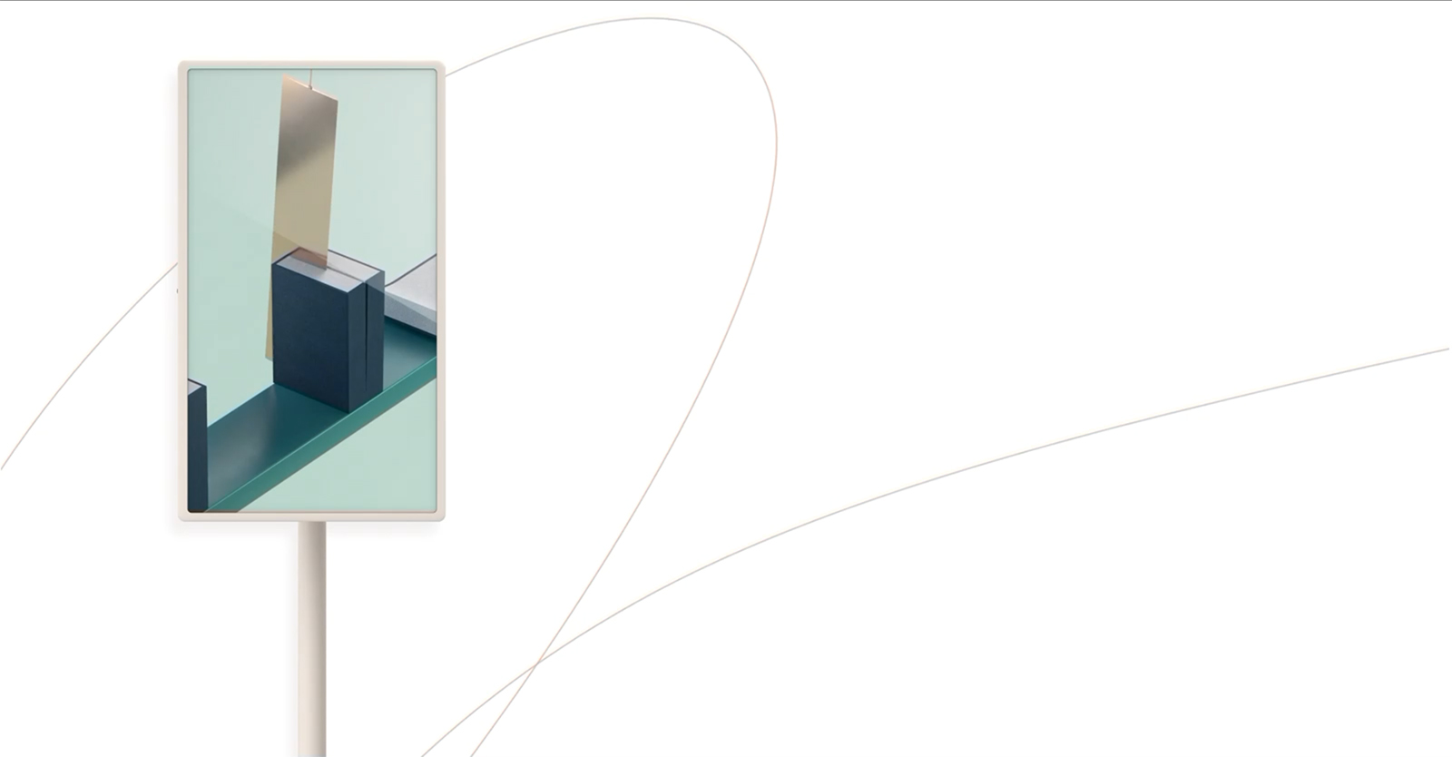 L’écran du téléviseur affiche un objet vert qui se balance et qui continue à faire éclater les dominos. Le téléviseur tourne, pivote vers la gauche et s’incline vers le bas. Il y a une fine ligne courbe en arrière-plan.