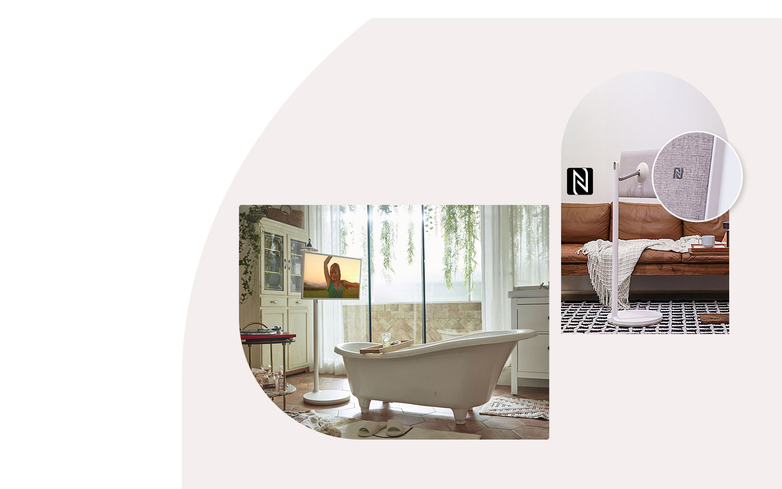 Le téléviseur est placé devant une baignoire dans une salle de bain et l’écran affiche une femme dansant sous la pluie. Une autre image montre l’arrière du téléviseur placé dans le salon et un gros plan de l’icône NFC à l’arrière du téléviseur. Il y a un logo NFC séparé.