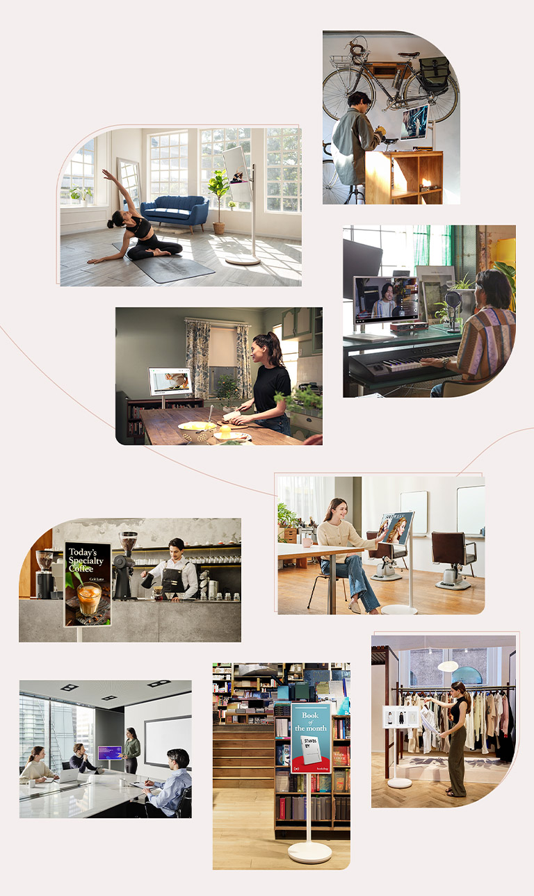 9 images collées représentant le style de vie de personnes faisant différentes activités en regardant la télévision : une femme qui fait du yoga en regardant un tutoriel de yoga, un homme qui répare son vélo en regardant un tutoriel, un autre homme qui chante en streaming et une femme qui cuisine en regardant une vidéo de recettes. On note également 5 scènes courantes dans des espaces commerciaux.