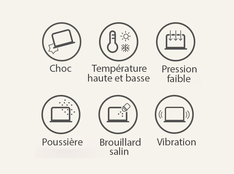 Icônes de norme militaire affichées. Depuis la gauche, choc, température élevée et basse, pression faible, poussière, brouillard salin, vibration.