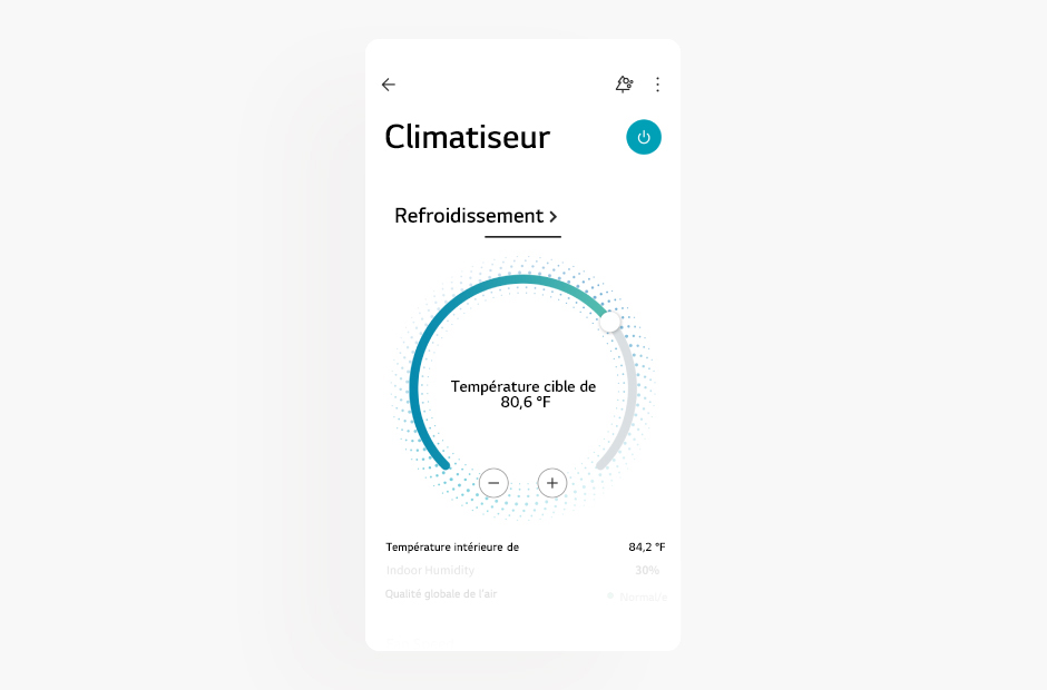 L’image montre l’écran d’un climatiseur dans l’application LG ThinQ