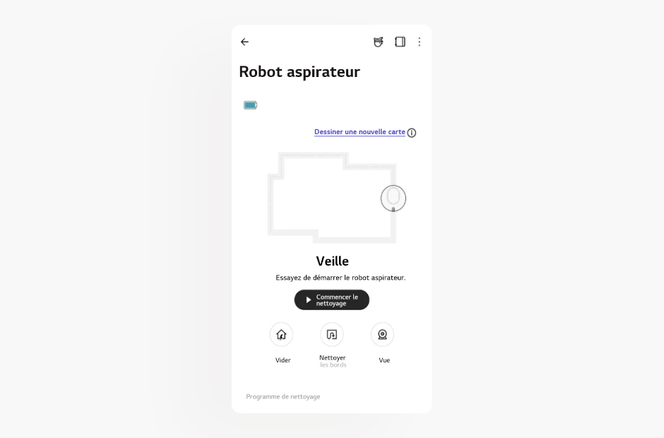 L’image montre l’écran d’un robot aspirateur dans l’application LG ThinQ