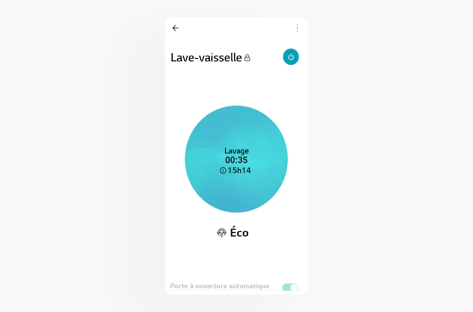 L’image montre l’écran d’un lave-vaisselle dans l’application LG ThinQ
