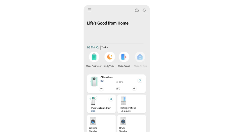 L’image montre l’écran de l’application LG ThinQ