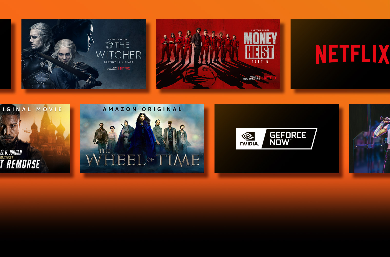 Les logos de plateformes de services de streaming et les séquences correspondantes se trouvent juste à côté de chaque logo. Logo Netflix et La Casa de Papel et The Witcher Logo Prime Video et Sans aucun remords et La roue du temps. Logo Livenow et image teaser de Mamamoo et image teaser de OneUs. Logo NVIDIA Geforce Now et images de jeu de Cyberpunk 2077 et Splitgate. 