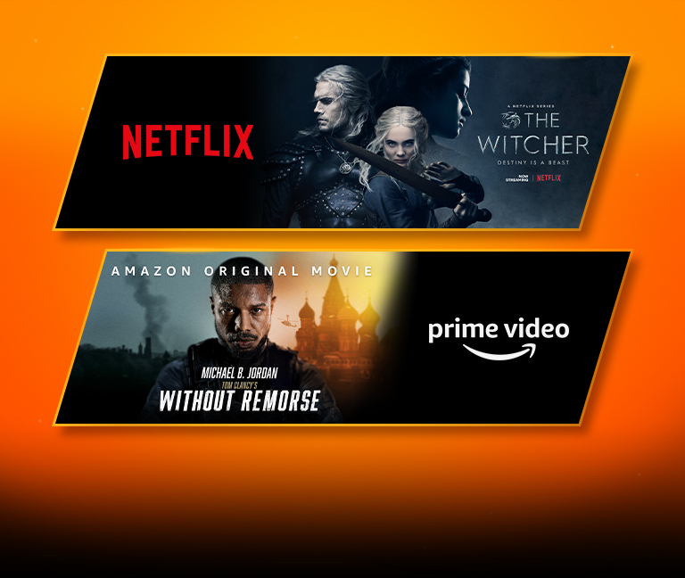 On peut voir 2 blocs d’images - chacun avec le logo de la plate-forme de streaming et une image de séquence. Logo Netflix avec The Witcher, logo Prime Video avec Sans aucun remords.