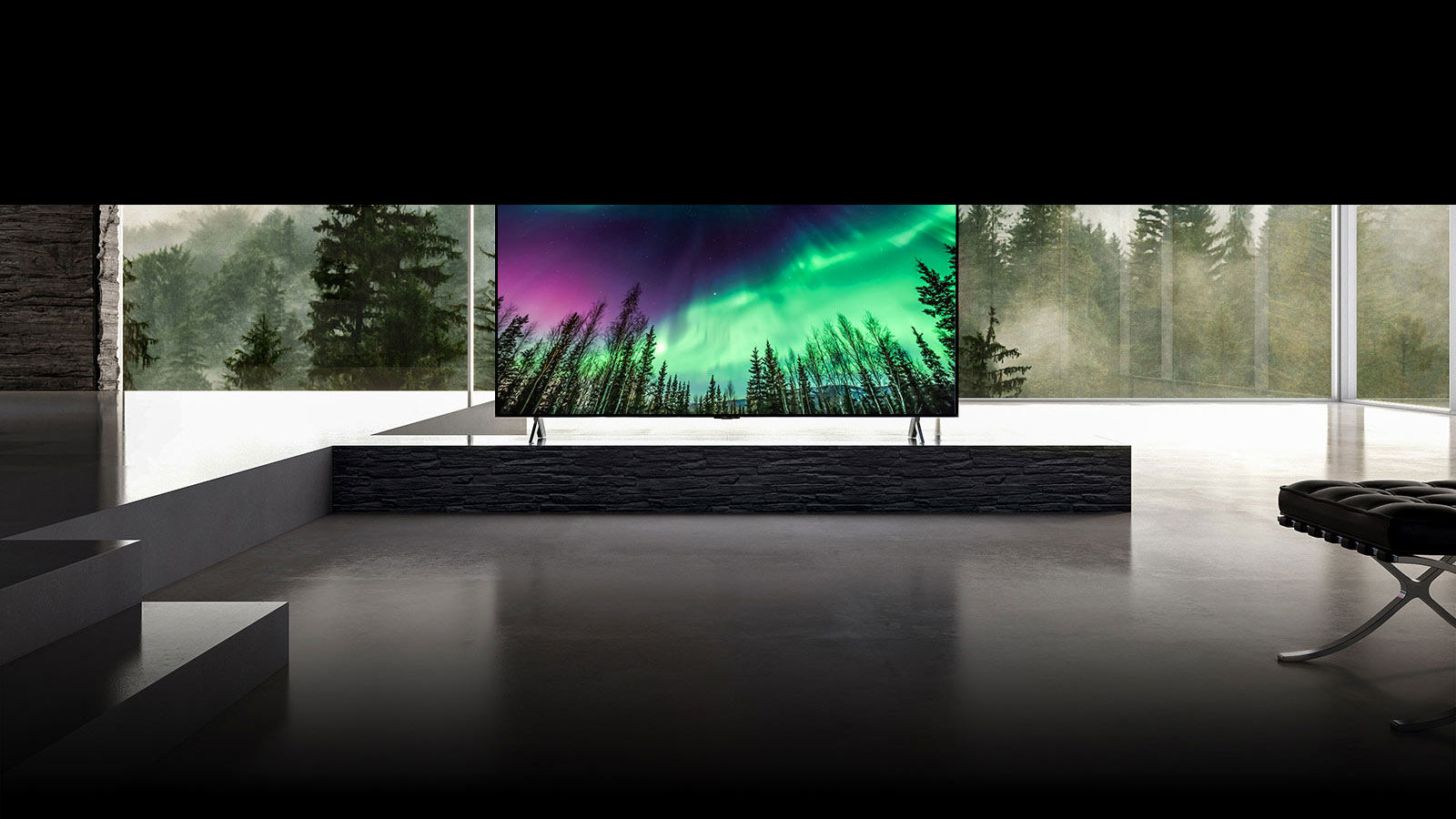 La caméra passe d’un gros plan de la partie supérieure du téléviseur à un gros plan de la partie avant du téléviseur. L’écran du téléviseur montre une aurore verte. La caméra fait un zoom arrière pour montrer un très grand salon. Le salon est gris dans l’ensemble et on voit une forêt à travers la fenêtre à l’extérieur.