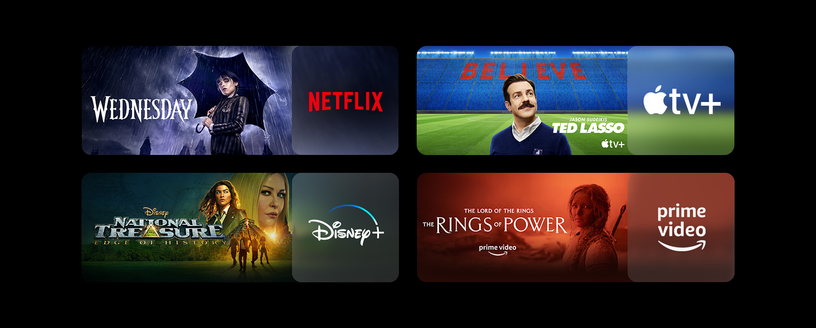 Il y a six blocs d’images - chacun avec le logo de la plateforme de streaming et une image de séquence. Le logo Netflix avec la série Mercredi, le logo Apple TV plus avec la série Ted Lasso, le logo Paramount Plus avec la série Tulsa King, le logo Disney plus avec la série Trésors perdus, le logo Prime Vidéo avec la série Les anneaux de pouvoir, le logo Sky Showtime avec le film Top gun.
