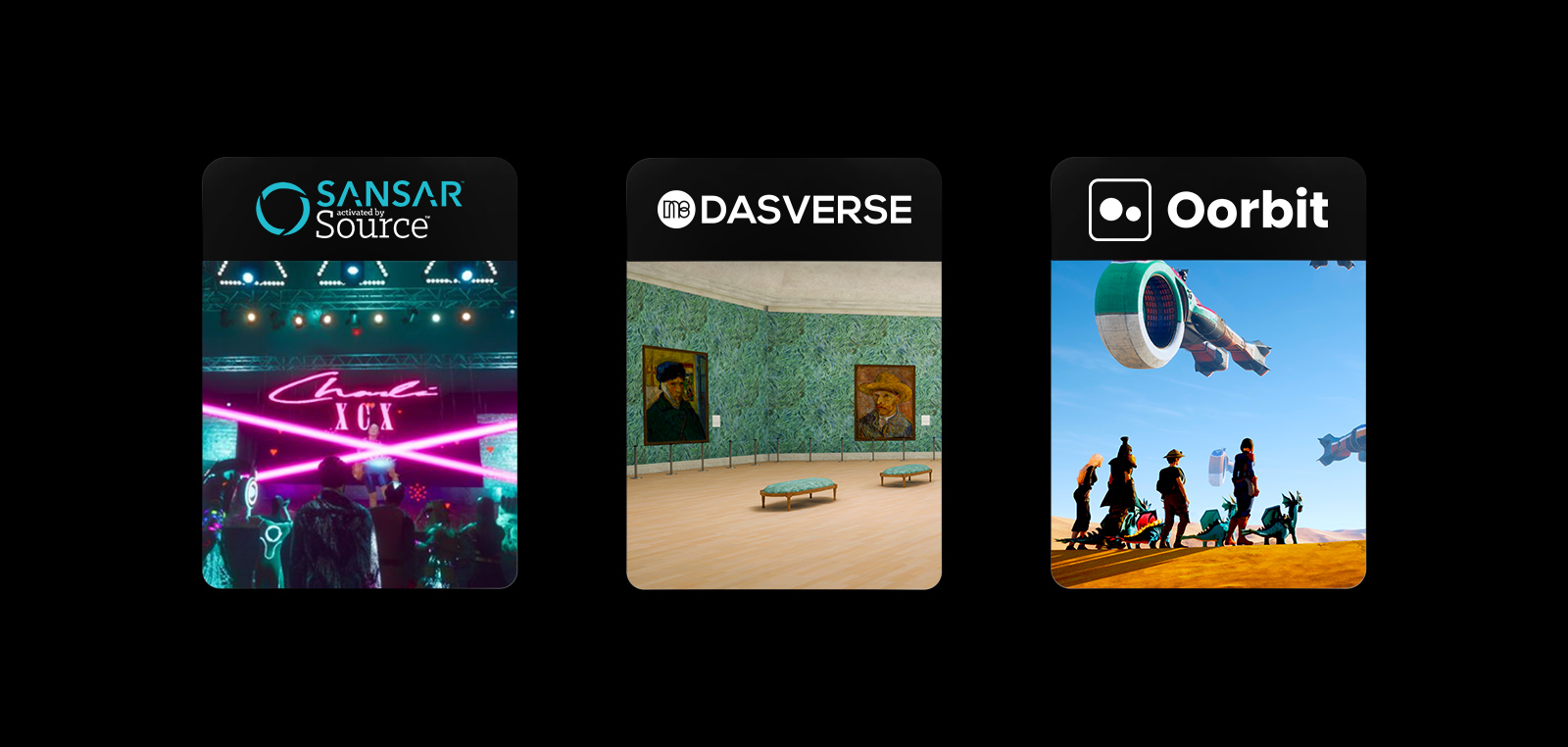 Trois blocs d’images, chacun avec le logo et l’image du service de metaverse Sansar, Dasverse et Oorbit sont visibles.