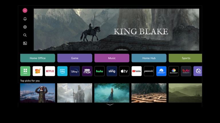 Sur un fond noir, le Tout nouvel écran d’accueil est visible et lorsque vous appuyez sur la carte rapide Sports dans l'écran, vous accédez à un écran proposant des contenus sportifs. De même; appuyer sur la carte rapide Jeux vous emmène sur un écran proposant des jeux.