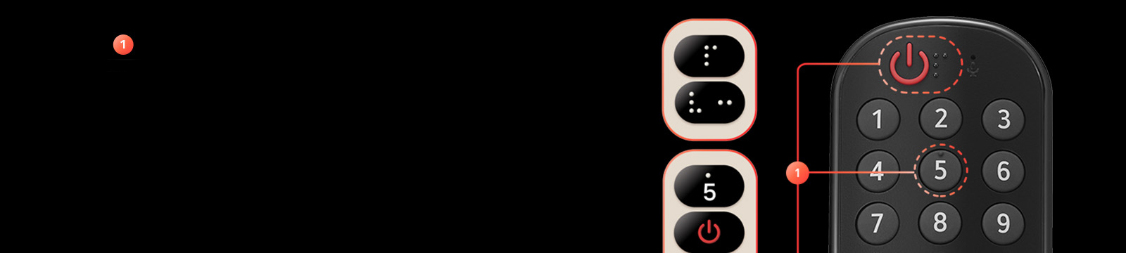 Le gaufrage en braille est visible sur le bouton de la télécommande.