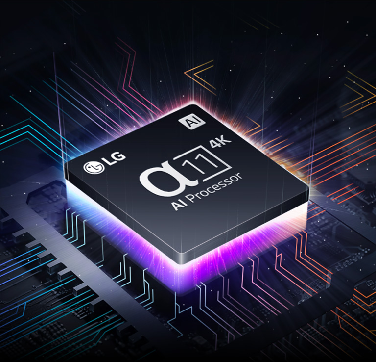 Le processeur alpha 11 AI 4K de LG est à peine visible dans l’obscurité. Le processeur AI s’allume en violet et rose et des lumières colorées y émanent. D’autres lumières apparaissent sur la carte mère et s’étendent davantage.