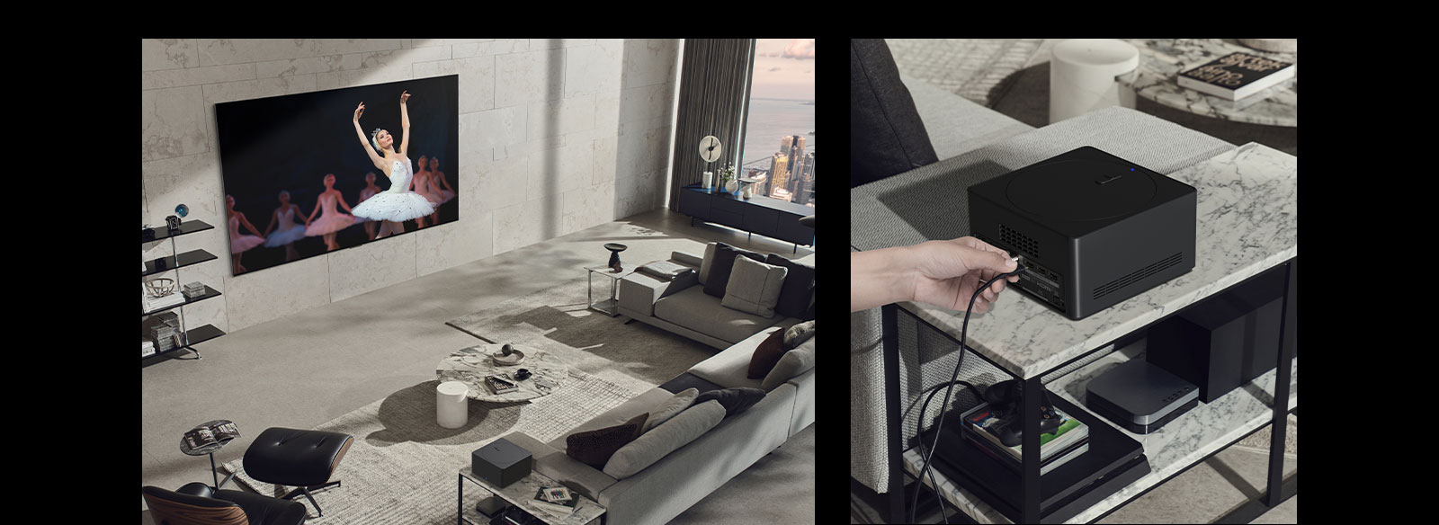 Une image représente un espace de vie chaleureux au décor neutre. Vue sur la ville à travers la fenêtre. Aucun câble n’entoure le téléviseur OLED LG fixé au mur, et le boîtier de connexion sans fil se pose proprement sur une table d’appoint. Et l’autre image montre la main d’une personne connectant un périphérique au boîtier Connect sans fil.