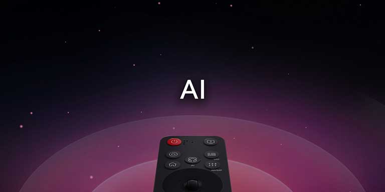 Télécommande LG AI Magic Remote avec le bouton IA en surbrillance. On voit une représentation graphique de l’interface utilisateur avec des icônes sur la façon dont le bouton IA permet aux utilisateurs d’accéder à différentes fonctionnalités IA. Les services incluent AI Voice ID, AI Search, AI Chatbot, AI Concierge, AI Picture Wizard et AI Sound Wizard. La fonctionnalité est ensuite présentée lorsque le curseur apparaît sur une interface, montrant comment la télécommande peut être utilisée comme une souris aérienne pour pointer et cliquer.