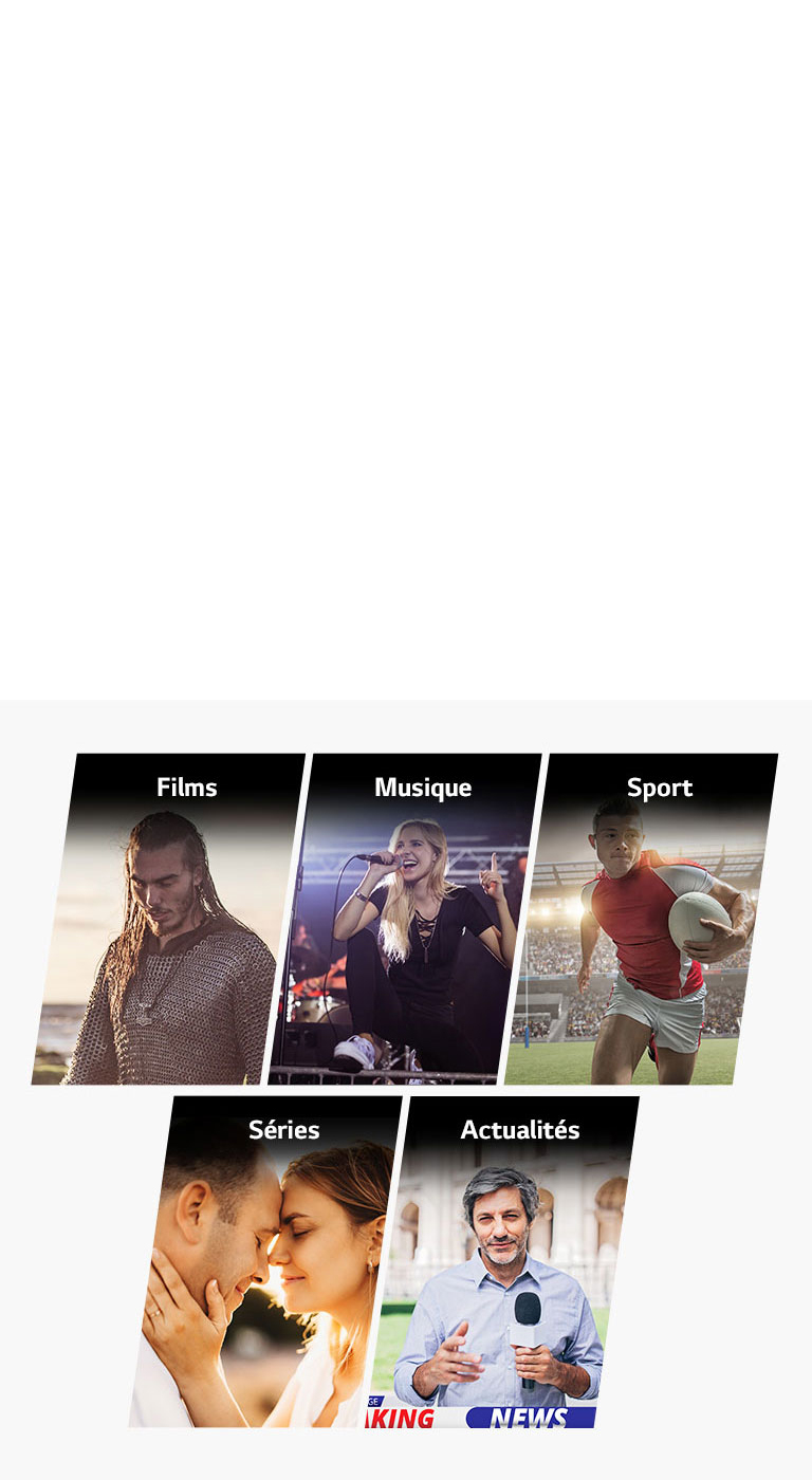 Cinq cartes verticales indiquant Films Musique Sport Séries Actualités