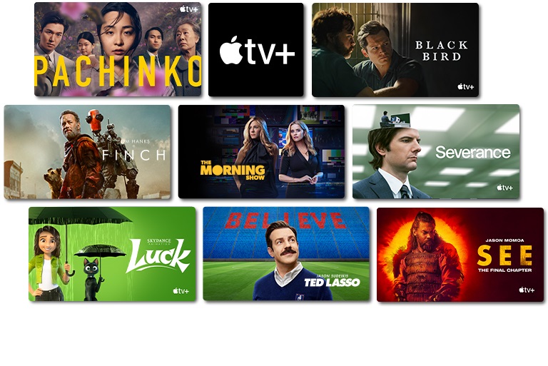 À gauche, un homme dans l’arrière-plan noir. Une fille tenant un cristal, le logo Apple TV+, un homme et un robot debout au milieu de nulle part, une femme dans une maison, deux femmes debout l’une à côté de l’autre, une mère et ses deux enfants courent, un homme regarde le ciel, deux hommes se font face.