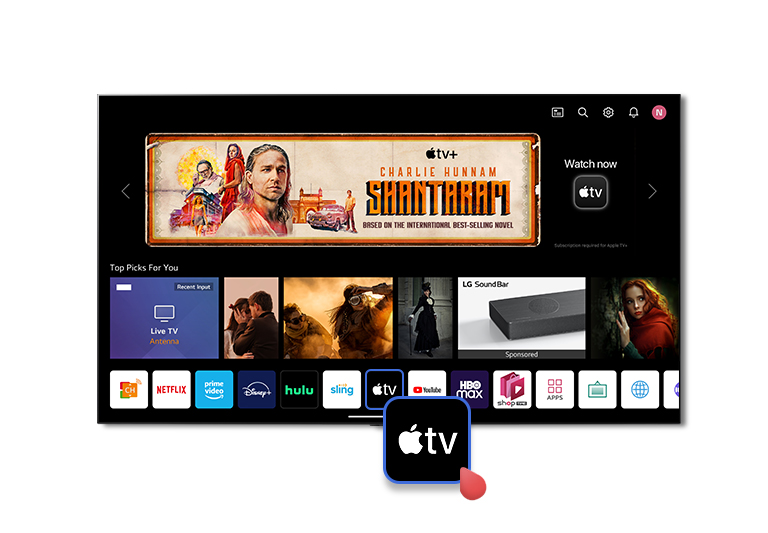 Une photo du web OS de LG Smart TV. Dans la page web OS, un coupon promotionnel de 3 mois gratuits d’Apple TV+ est disponible.