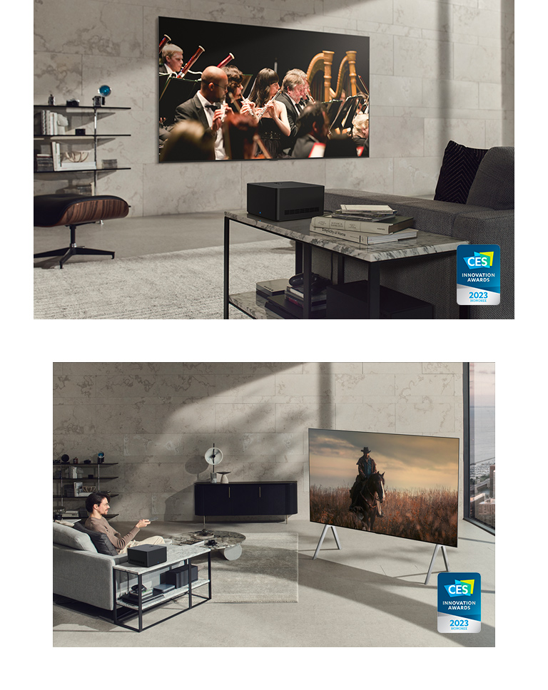 Série d’images présentant la gamme OLED M de LG. Gros plan sur le boîtier AV posé sur une table d’appoint. Le LG OLED M est accroché au mur, dans un espace décoré avec goût et dépourvu de fils autour du téléviseur. Gros plan sur le LG OLED M sur un support au sol – une image colorée est visible sur l’écran. Toutes les images sont ornées du logo « CES 2023 Innovation Award ».