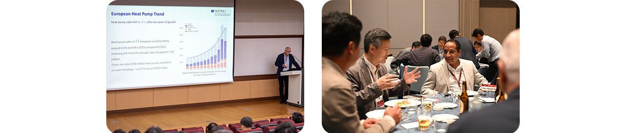 Présentation des tendances européennes en matière de pompes à chaleur et dîner de réseautage avec des professionnels partageant des perspectives sur l’industrie.