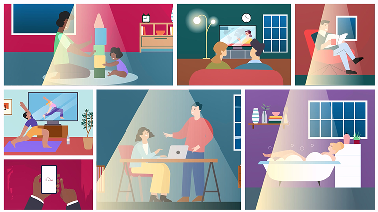 Une collection d'images montrant des personnes interagissant dans divers environnements de pièces, mettant en avant différents cadres de vie.