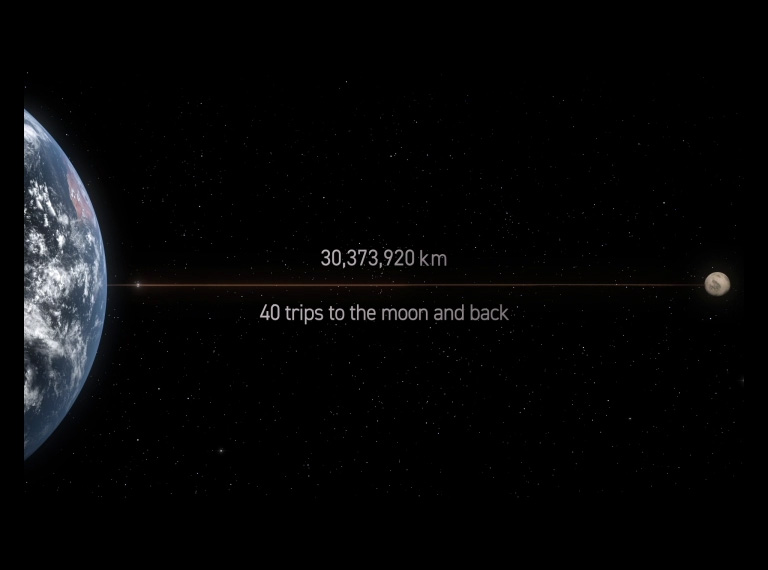 'Trois vidéos sont affichées côte à côte, diffusées simultanément. Sur la gauche, la vidéo montre les bobines du moteur de l’Inverter DD connecté de la Terre à la Lune, mesurant 30&nbsp;373&nbsp;920&nbsp;km, suffisant pour 40&nbsp;allers-retours. Au centre, les bobines sont affichées enroulées autour du moteur de l’Inverter DD. À droite, le processeur AI Core-Tech apparaît et se connecte à un panneau électronique, avec une lumière violette s’étendant vers l’extérieur.