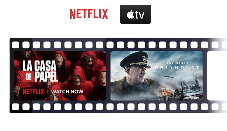 Les logos de Netflix et d’Apple TV sont alignés horizontalement. Sous les logos, des affiches de La Casa de Papel de Netflix et de USS Greyhound : la bataille de l’Atlantique d’Apple TV sont également alignées horizontalement.
