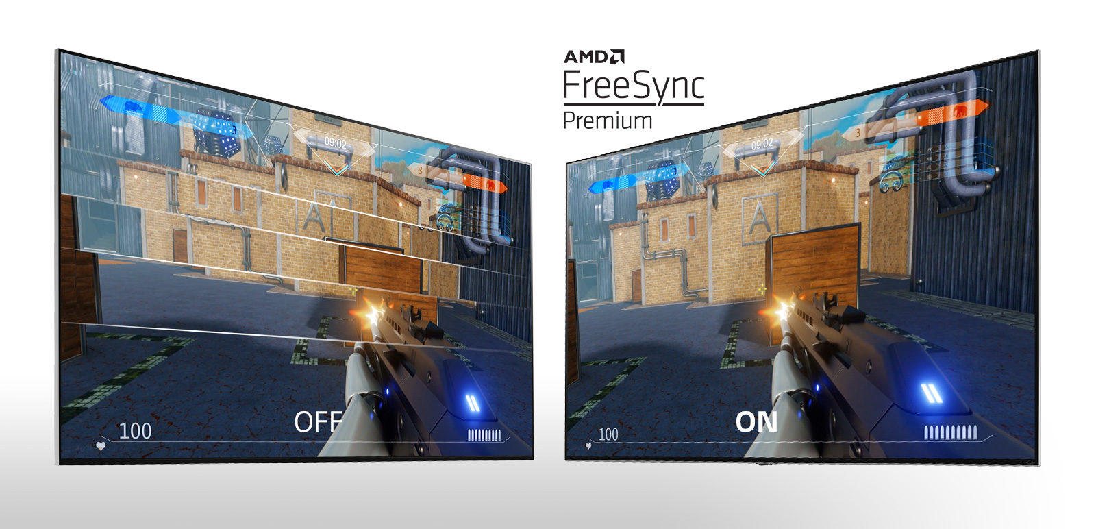 Deux écrans de téléviseur côte à côté affichant un jeu de tir. L’écran de gauche affiche l’image sans FreeSync et celui de droite avec FreeSync.