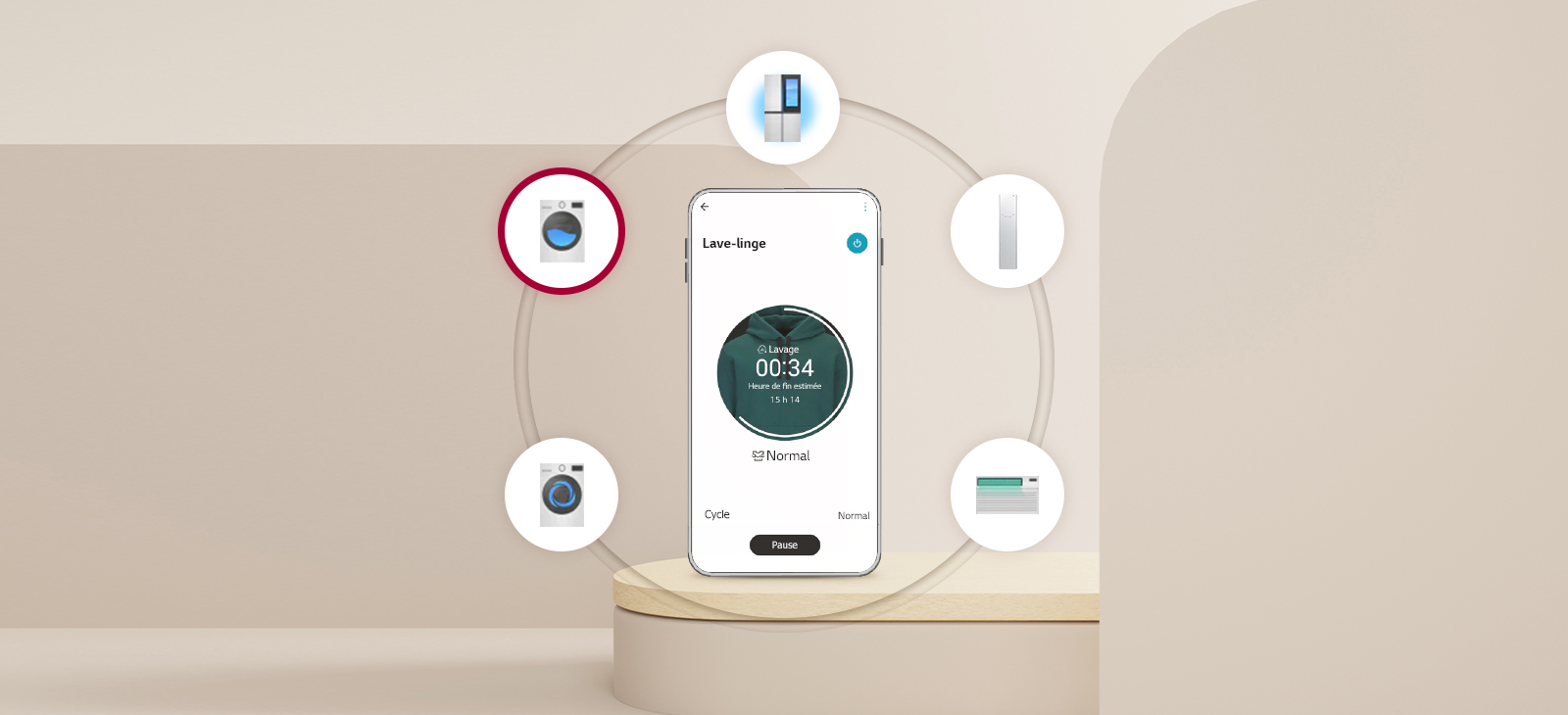 Un téléphone portable est posé sur un plancher rond dans un fond beige et une image d’appareils ménagers est représentée dans six cercles ronds avec le téléphone portable au centre.