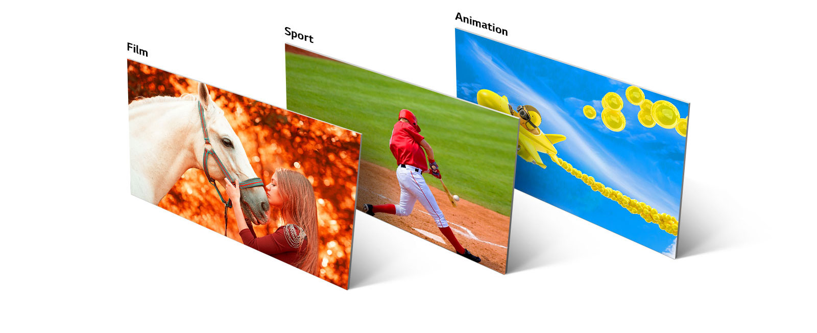 Trois images, la première montre une fille embrassant un cheval, la deuxième un joueur de base-ball frappant une balle et la troisième montre un avion animé volant dans le ciel.