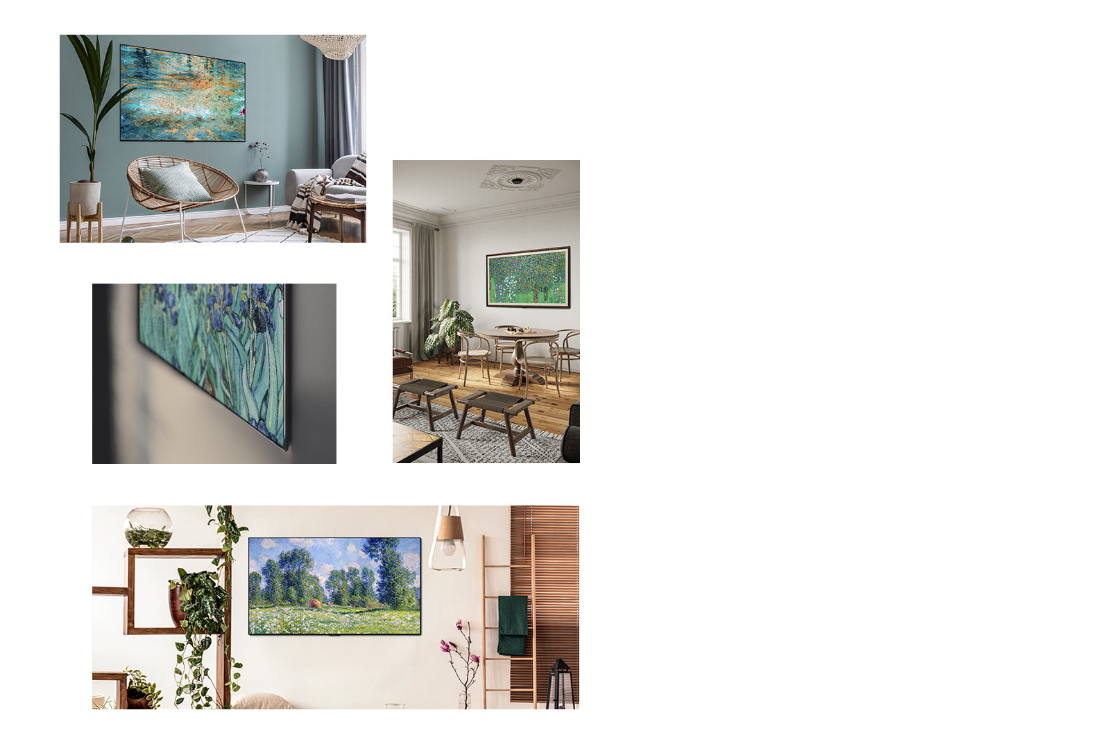Un téléviseur affichant une peinture est accroché au mur dans un salon avec une chaise, un canapé, et un pot de fleurs. Une vue rapprochée du bord d’un téléviseur au design fin qui affiche une peinture. Un téléviseur affichant une peinture est accroché au mur dans un salon avec une table, des chaises, et un pot de fleurs. Un téléviseur affichant une peinture est accroché au mur dans un salon avec des pots de fleurs et une échelle.