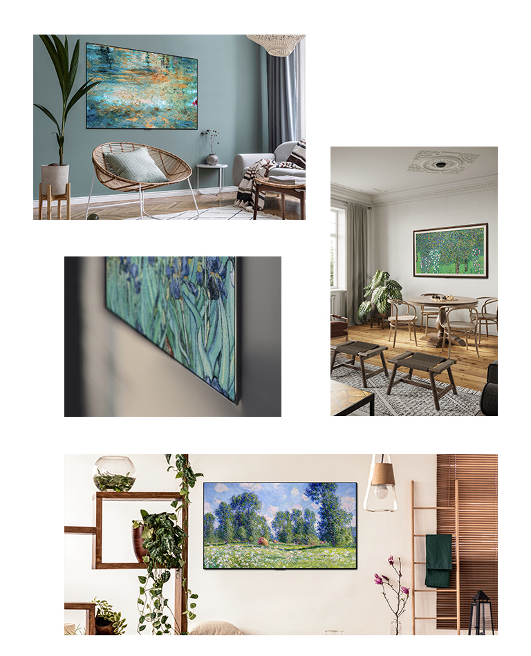 Un téléviseur affichant une peinture est accroché au mur dans un salon avec une chaise, un canapé, et un pot de fleurs. Une vue rapprochée du bord d’un téléviseur au design fin qui affiche une peinture. Un téléviseur affichant une peinture est accroché au mur dans un salon avec une table, des chaises, et un pot de fleurs. Un téléviseur affichant une peinture est accroché au mur dans un salon avec des pots de fleurs et une échelle.