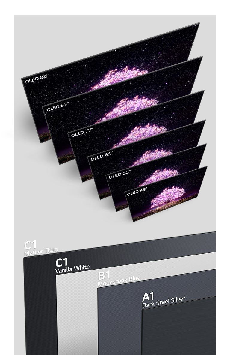 Plusieurs tailles du téléviseur se tenant en rang affichent un arbre brillant en rose. Une vue arrière d’un téléviseur couleur titan météore avec le texte C1 en haut à gauche. Une vue arrière d’un téléviseur couleur blanc vanille avec le texte C1 en haut à gauche. Une vue arrière d’un téléviseur couleur bleu pierre de lune avec le texte B1 en haut à gauche. Une vue arrière d’un téléviseur couleur argent acier foncé avec le texte A1 en haut à gauche.