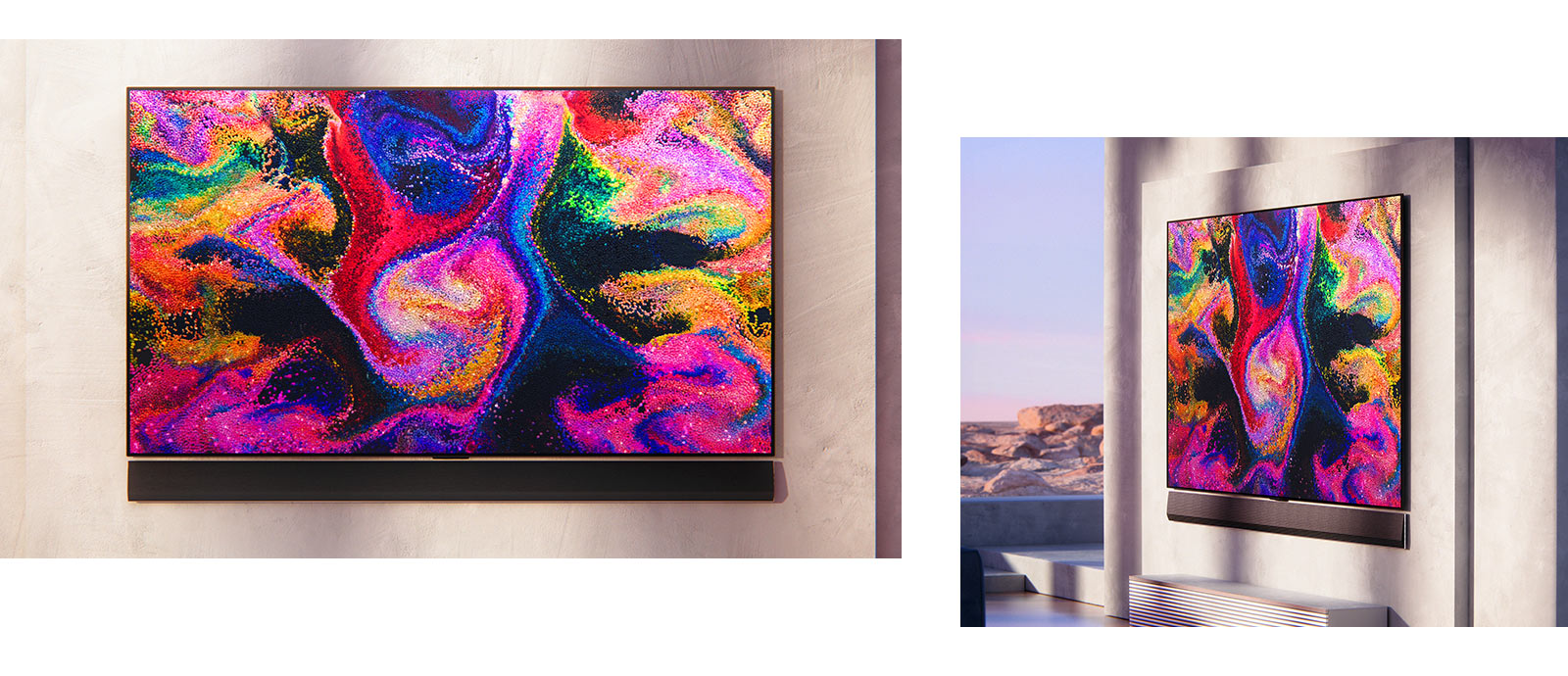 Un téléviseur affichant une peinture colorée et une barre de son sous le téléviseur sont accrochés au mur.